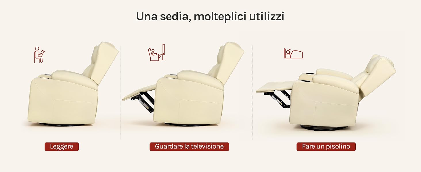 Il testo recita 'Una sella, multiepici utilizzi'. Tre varianti di prodotto mostrate con icone sequenziali che illustrano i diversi usi dell'articolo color crema.