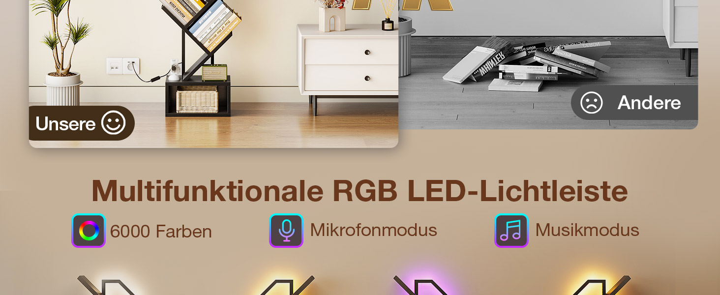 Der Text lautet „Multifunktionale RGB-LED-Lichtleiste“ mit den Vergleichsbildern „Unsere“ und „Andere“, die LED-Streifenbeleuchtungsanwendungen zeigen.
