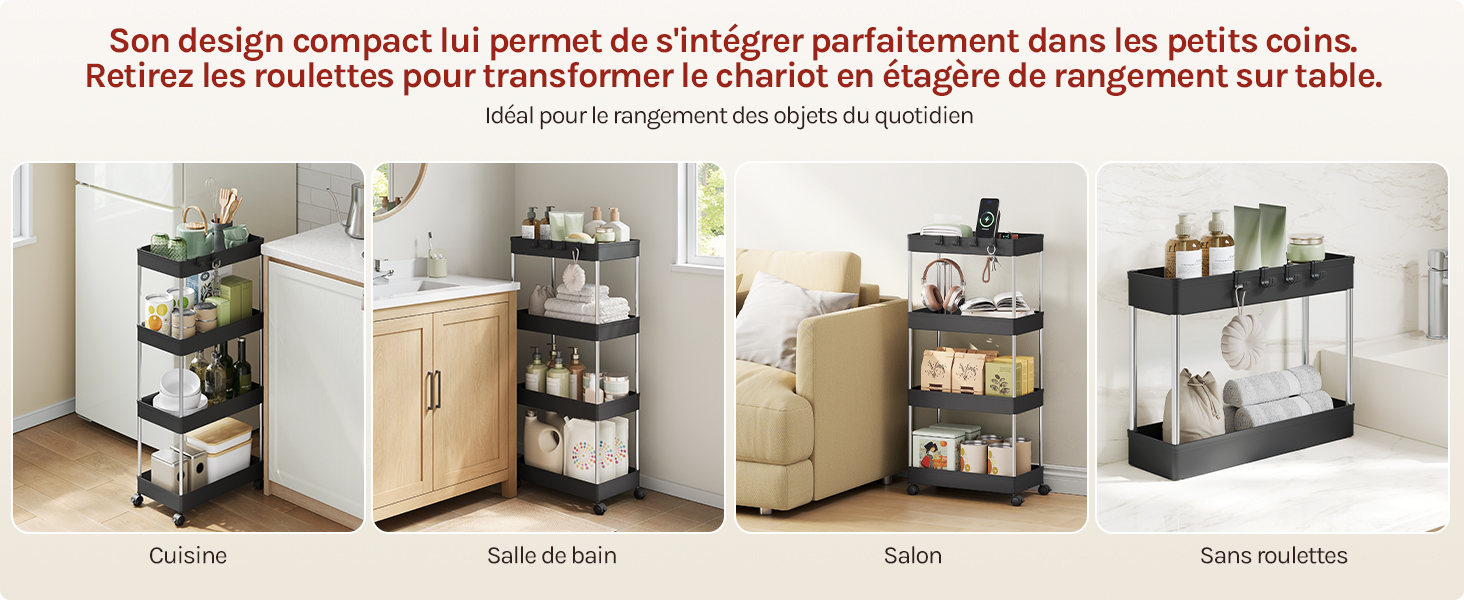 Démonstration du produit montrant différentes configurations d'unités de rangement modulaires blanches avec étagères réglables dans différents environnements de pièce.