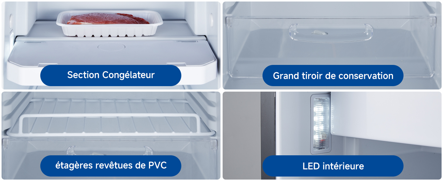 Le texte se lit comme suit : « Section Congélateur » et d'autres libellés en français. Plusieurs panneaux montrant différentes sections de ce qui semble être un schéma de produit de réfrigérateur avec des caractéristiques étiquetées.