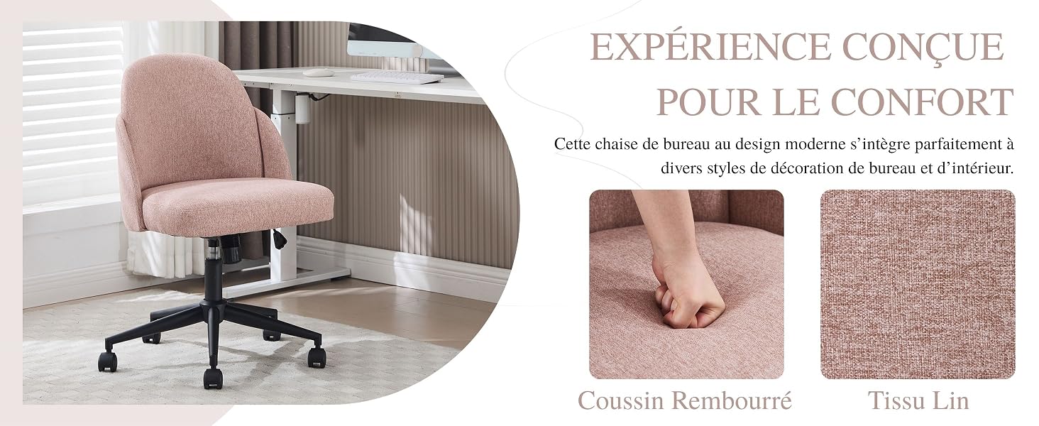Le texte indique « Image 7 », « EXPERIENCE CONCUE » et « POUR LE CONFORT ». Images marketing de chaises de bureau montrant une chaise rembourrée rose dans un cadre moderne.