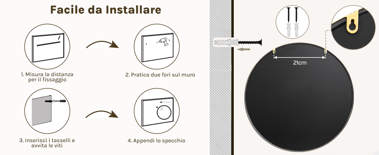 Il testo dice 'Facile da installare'. Guida all'installazione che mostra uno schema dettagliato per il montaggio del dispositivo rotondo nero, con frecce che indicano la sequenza di assemblaggio.