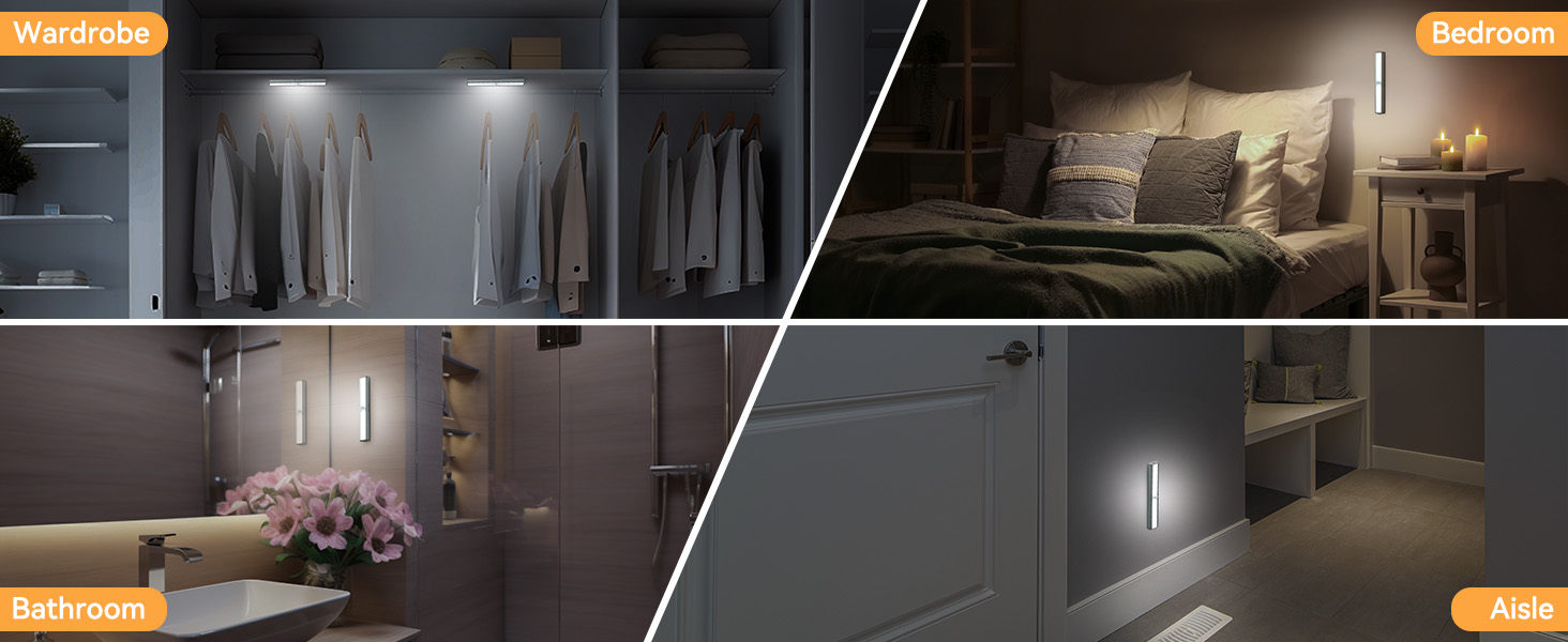 Split-screen image showing illuminated closet storage spaces, contrasting bright and dimmed lighting conditions in modern grey cabinetry.