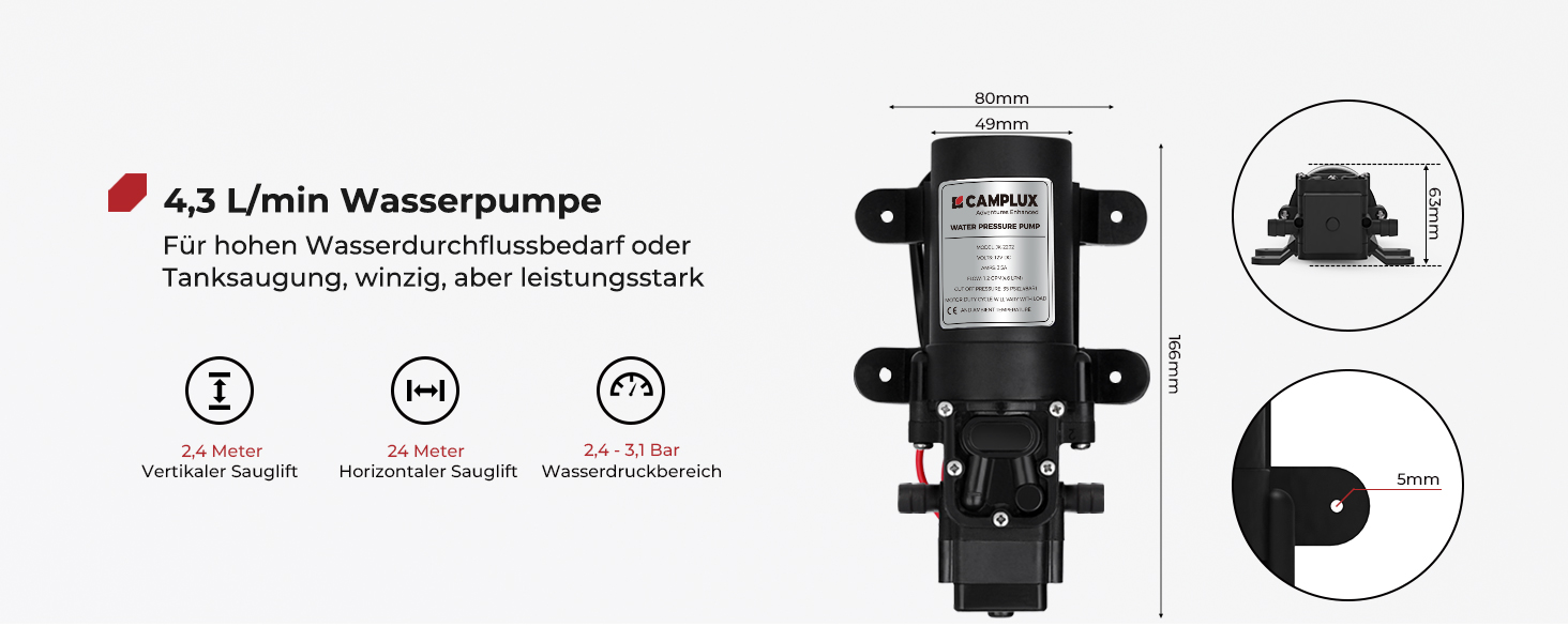 Technisches Diagramm einer Wasserpumpe mit Installationsanweisungen und Montagespezifikationen sowie drei kreisförmigen Symbolen, die auf die wichtigsten Merkmale hinweisen.