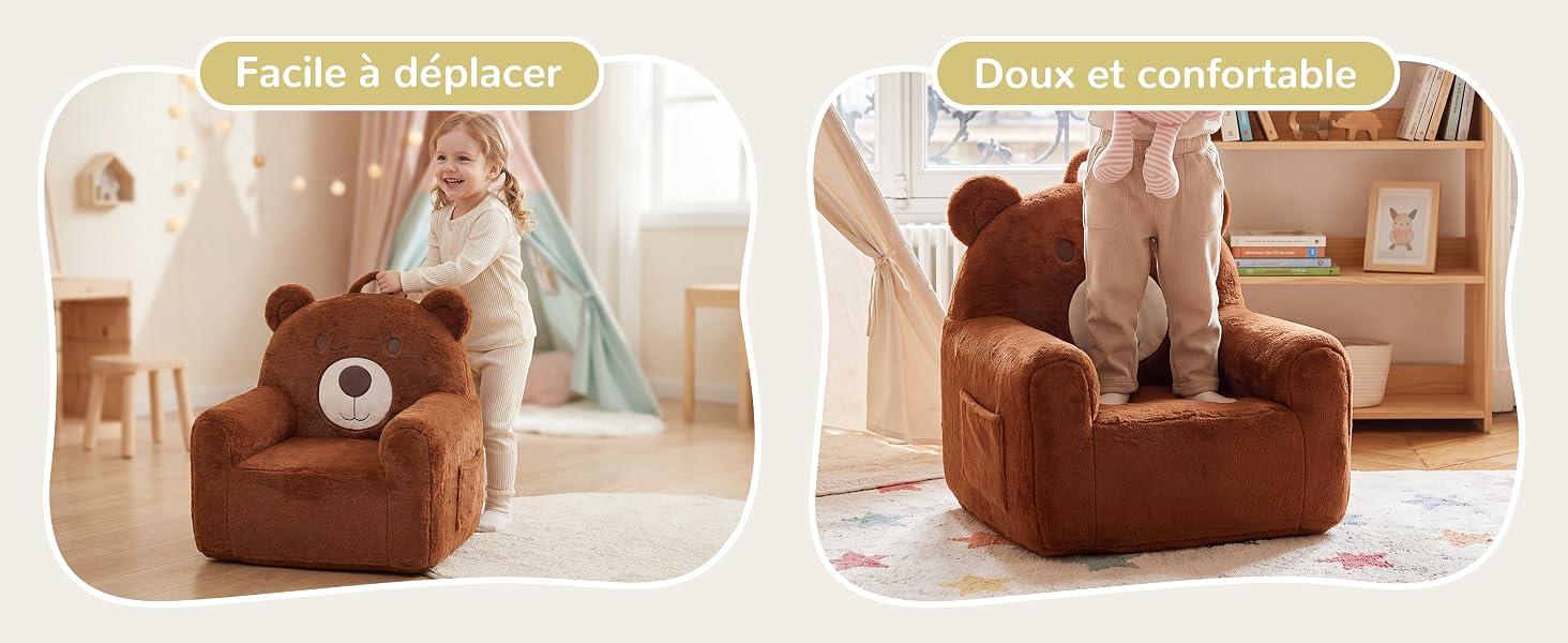 Le texte indique « Chaud et confortable », « Chambre à coucher ». Deux vues du pouf en peluche marron présenté dans le décor d'une chambre à coucher, présentant une texture douce et une taille compacte dans différentes configurations de pièce.