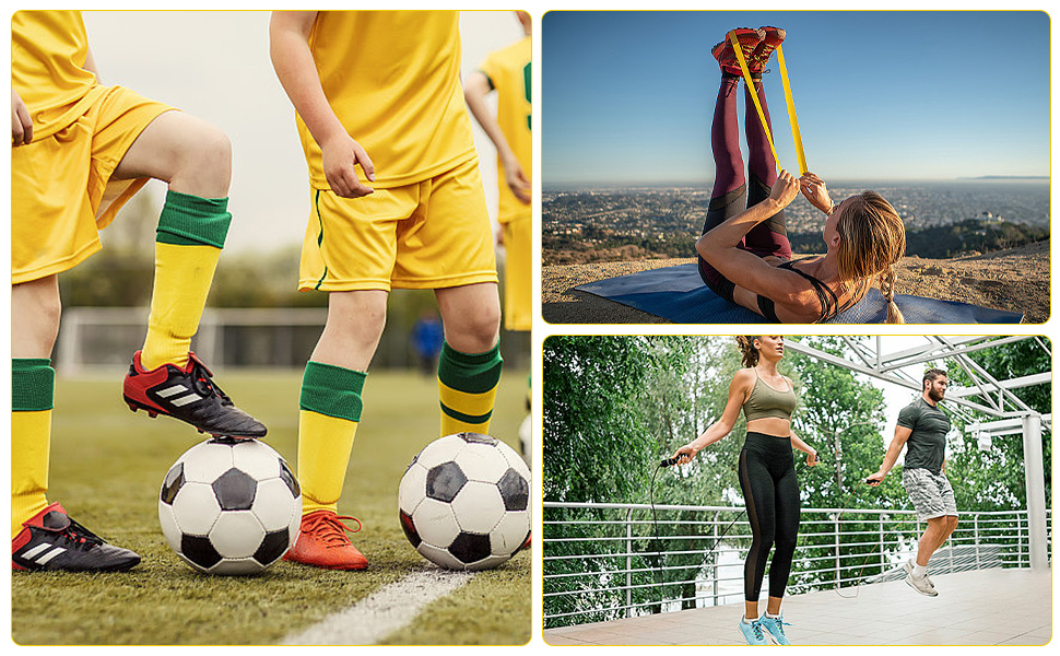 Collage d'activités sportives montrant des équipements de football avec des uniformes jaunes, et des scènes d'exercices en plein air axées sur les activités physiques