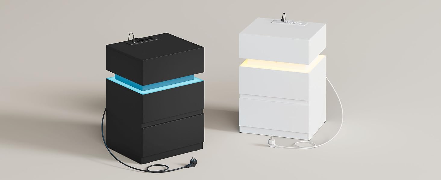 Serie de dispositivos cúbicos en blanco y negro con iluminación de acento LED azul, que muestran diferentes ángulos y configuraciones del mismo producto.