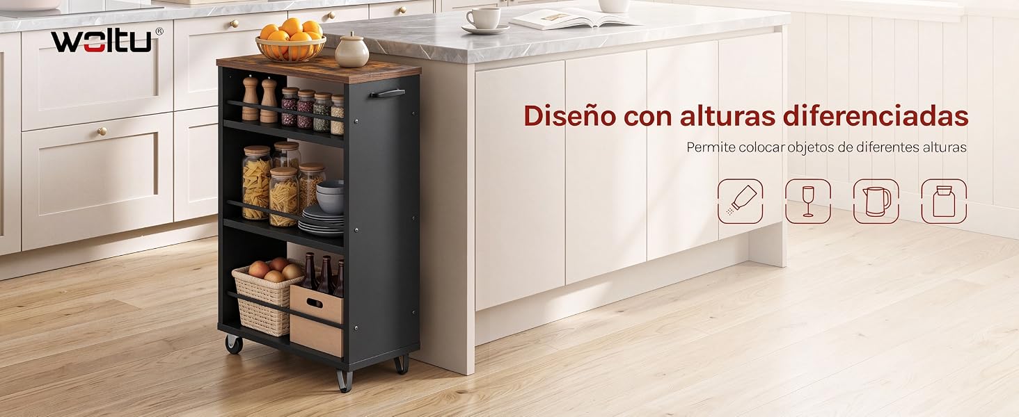 El texto dice «webu» y «Diseño con alturas diferenciadas». Carrito de cocina móvil con marco negro, varios estantes que contienen botellas y recipientes, que se exhibe en un entorno de cocina moderno.