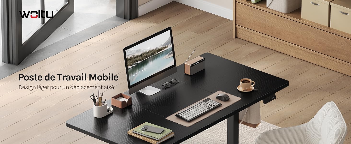 Le texte indique « Poste de Travail Mobile » et « Pro ». Configuration de l'espace de travail comprenant un bureau mobile noir avec ordinateur portable, clavier, souris et fournitures de bureau sur une surface en bois.