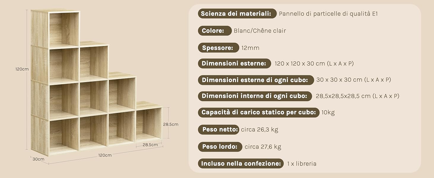 Schema tecnico che mostra le dimensioni e le specifiche di uno scaffale modulare con più scomparti e misure dettagliate.