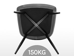 de plástico negro con asiento y respaldo texturizados. Soporte metálico en forma de X debajo del asiento. Se muestra una capacidad de peso de 150 kg.