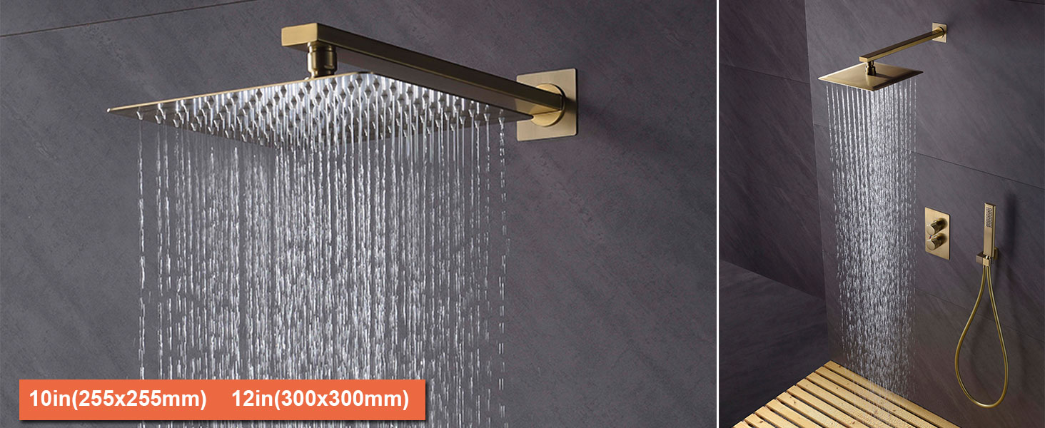 avec jets d'eau. Le panneau de gauche montre un gros plan, le panneau de droite affiche la configuration complète de la douche, y compris le pulvérisateur à main et le plancher de douche en bois