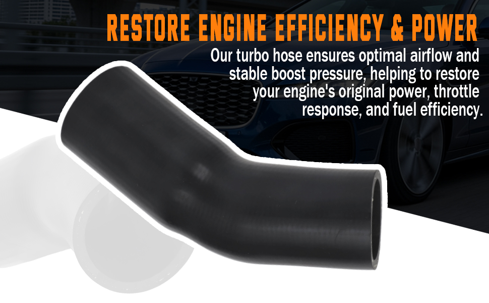 Text reads 'RESTORE ENGINE EFFICIENCY &amp; POWER'. Image shows black automotive turbo hose or similar engine component against white background.