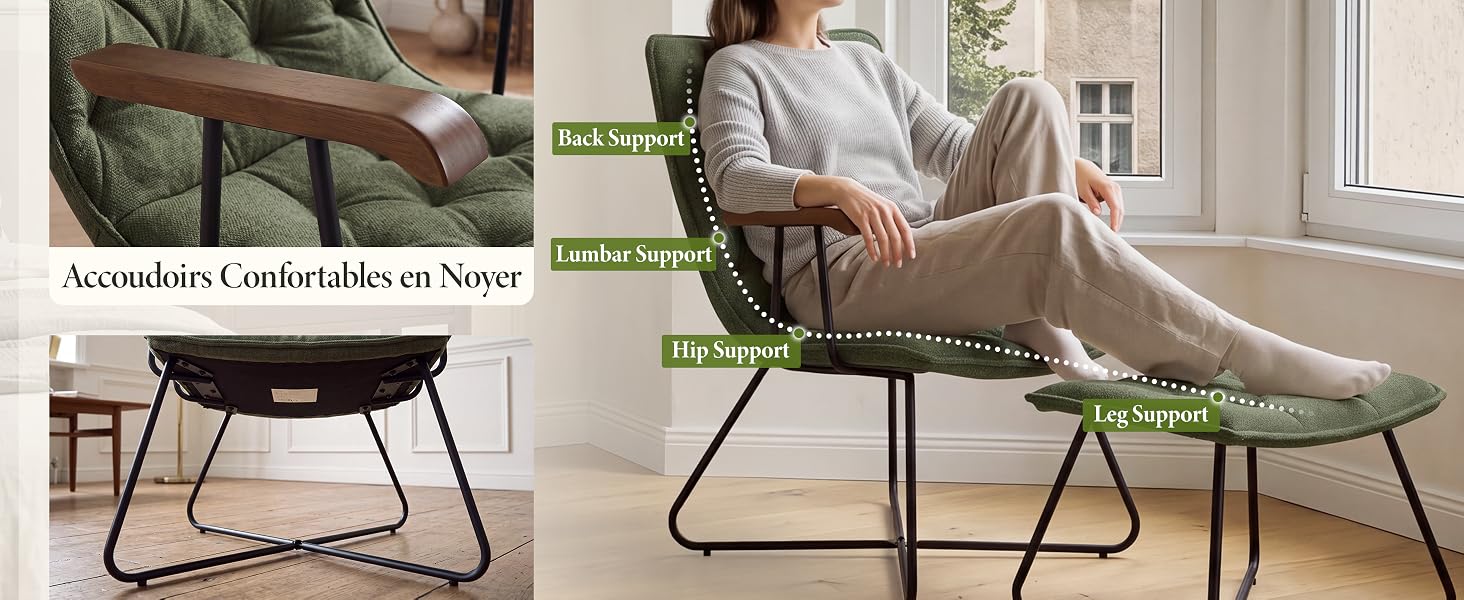 Le texte indique « Acondicionador Confortable en Nover » et les étiquettes des produits. Chaise longue beige en composite avec structure en métal noir sous plusieurs angles : vue latérale, position assise et position d'inclinaison complète affichant des caractéristiques de confort et de réglage.