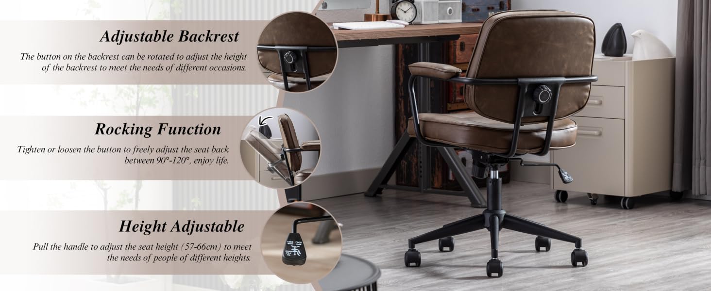Office chair with adjustable features highlighted: adjustable backrest, rocking function, and height adjustment. Chair shown in beige upholstery with dark metal frame and base.