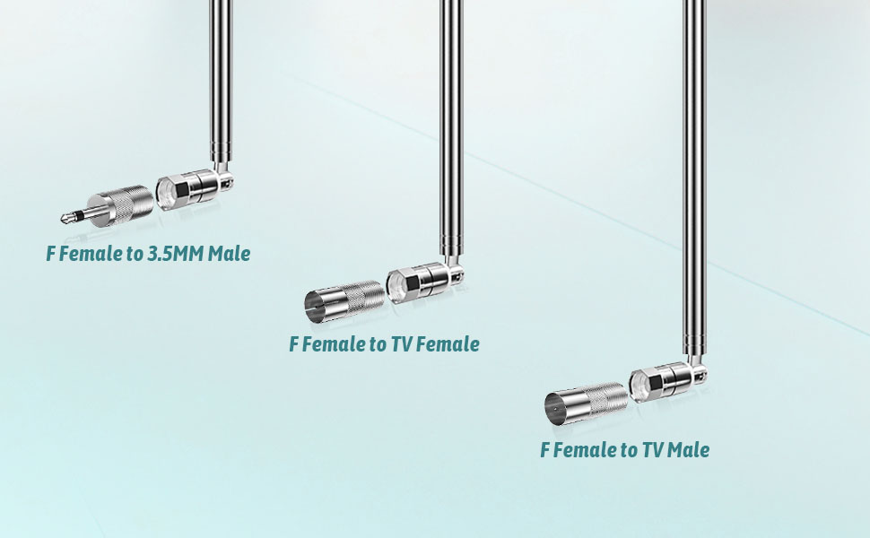Three silver coaxial cable adapters with F-type female connectors on one end, connecting to 3.5MM Male, TV Female, and TV Male on the other ends respectively. Each adapter has a thin metal body.