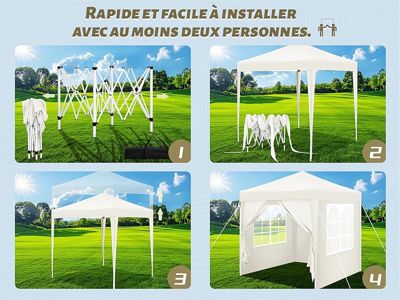 Instructions de montage étape par étape pour une tente extérieure à auvent escamotable blanche, montrant la configuration, de l'extension initiale du cadre à l'installation finale avec panneaux latéraux.