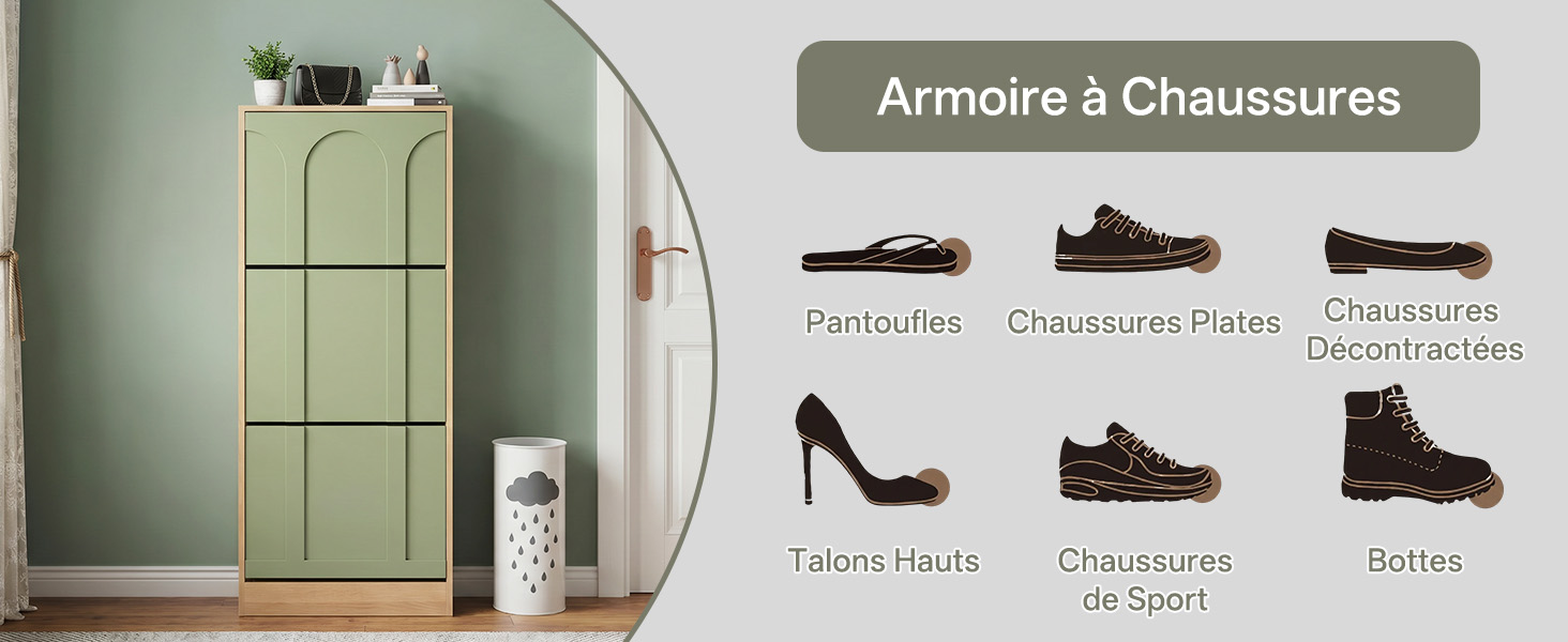 Le texte indique « Armoire à chaussures ». Scène de pièce intérieure avec présentoir de rangement pour chaussures montrant plusieurs options de chaussures noires sur des étagères sur fond clair.
