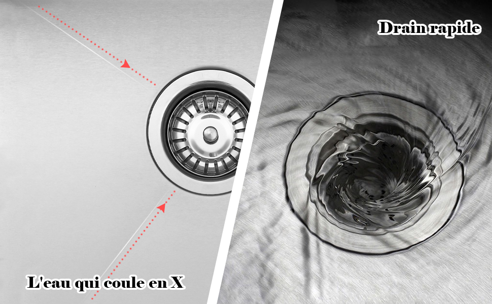 un évier avec un drain et une flèche rouge pointant vers le bas.