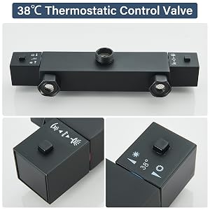 Text reads '38°C Thermostatic Control Valve'. Black rectangular thermostatic mixing valve with control knob and adjustment mechanisms, shown in multiple views including side panels with temperature indicators and adjustment settings.