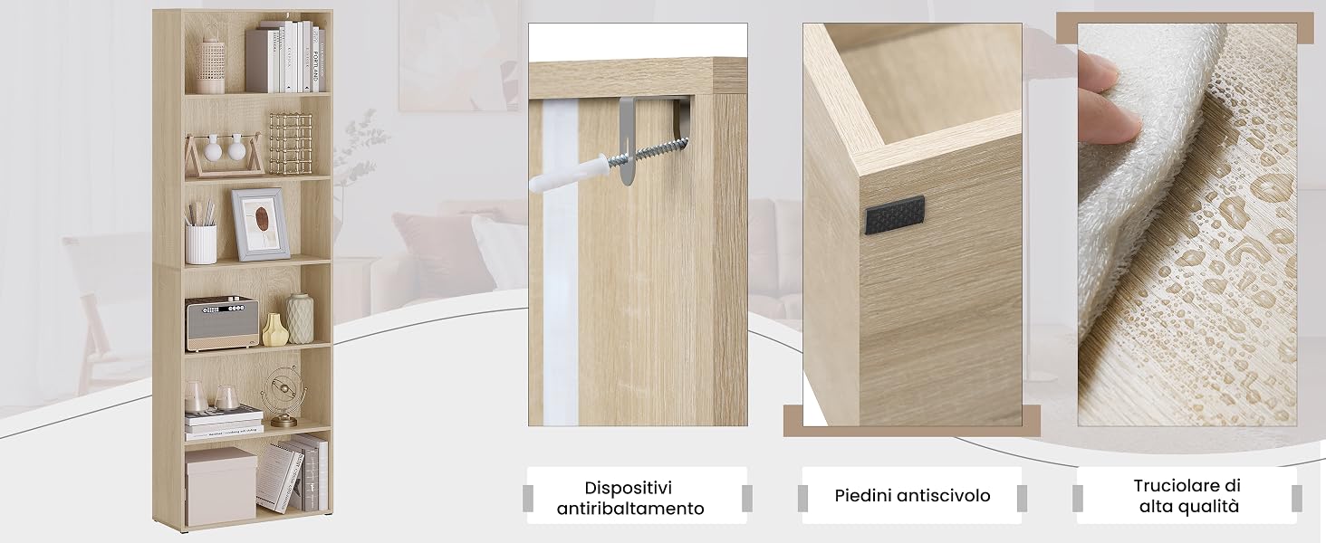 Moderno mobile contenitore in legno con più ripiani, caratterizzato da linee pulite e finitura in legno chiaro. Mostra viste dettagliate dell'hardware di montaggio e della costruzione.