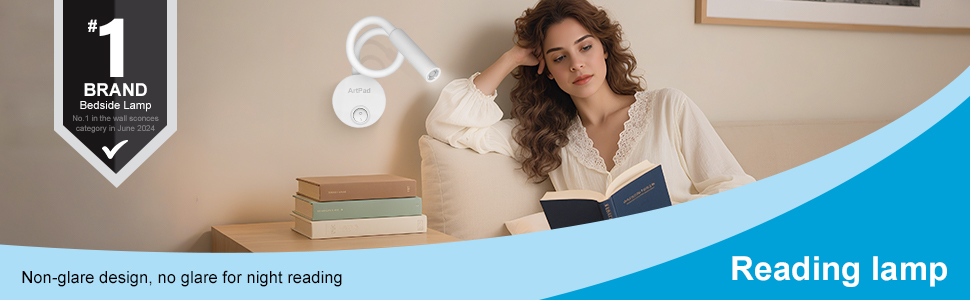 Text reads 'Reading lamp'. LED desk lamp product demonstration showing adjustable positioning and reading scenarios.