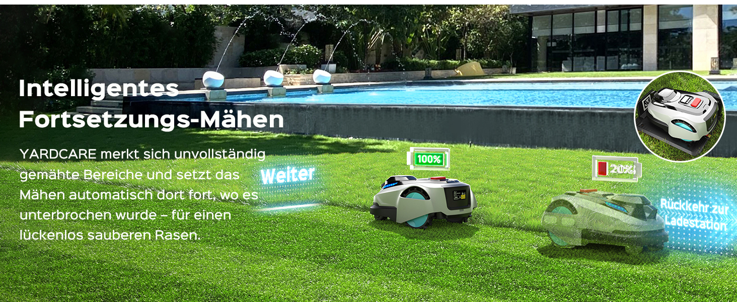 Der Text lautet „Intelligentes“ und „Fortsetzungs-Mähen“. Rasenmähroboter, der in einer Gartenumgebung mit Navigationsanzeigen arbeitet.