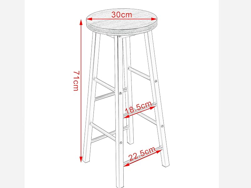 Technical drawing of a bar stool with measurements: 77cm height, 30cm seat diameter, and support widths of 18.5cm and 22.8cm.