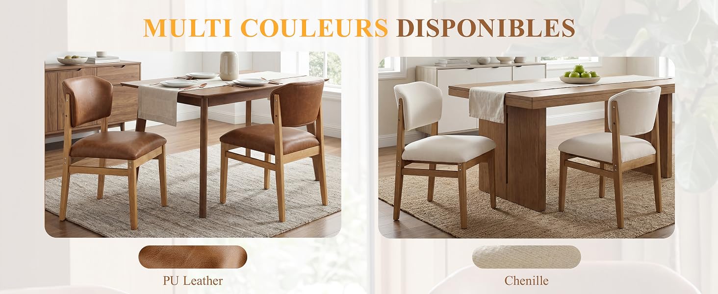 Text reads "MULTI COULEURS DISPONIBLES" with two dining set configurations shown. Left image labeled "70 Leaves" and right image labeled "Chaise." Wooden table and chair furniture in different styles.