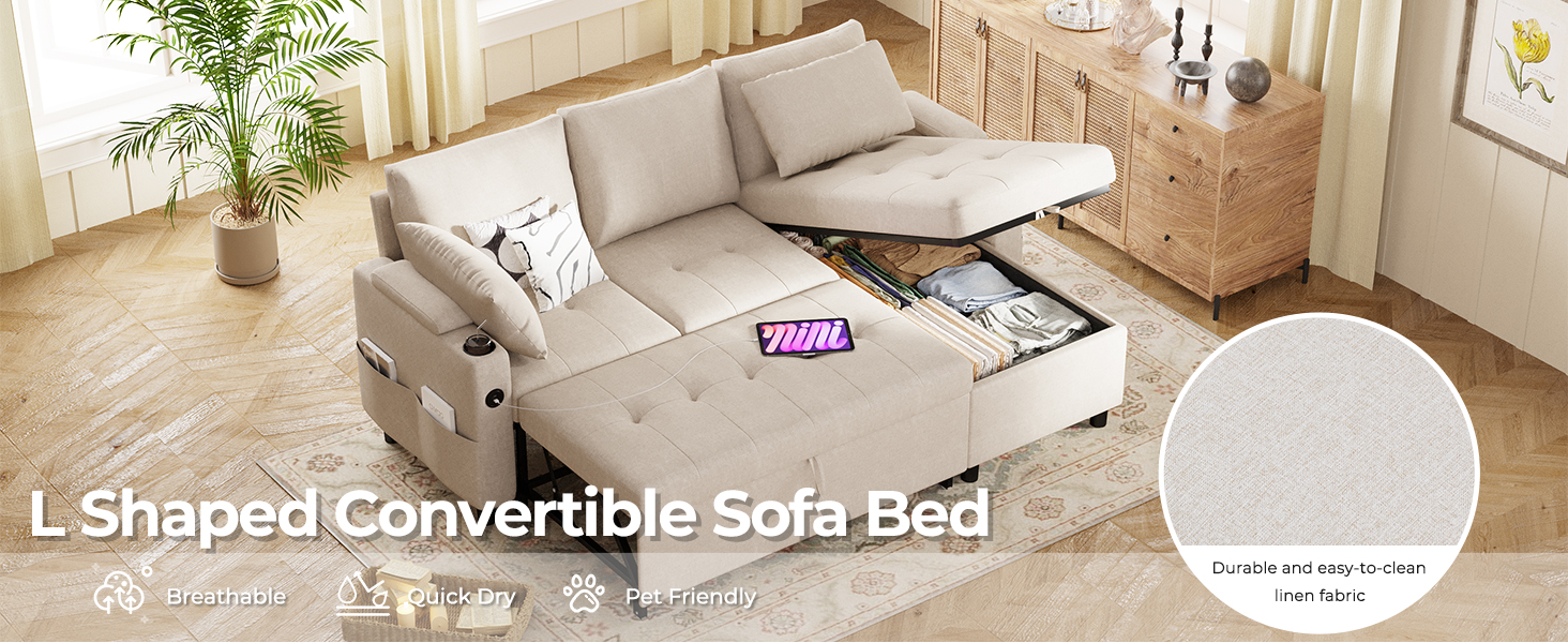 Der Text lautet „L-förmiges ausziehbares Schlafsofa“. Wohnzimmermöbel in beige/cremefarbenem Design mit modularem Design, die an hellen Wänden mit dekorativen Pflanzen angebracht sind.