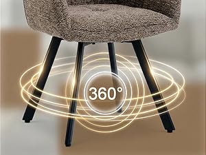 Le texte indique « 360° ». Pouf rond rembourré en tissu gris et trois pieds fuselés noirs illustrés par un indicateur de rotation à 360 degrés à la base.