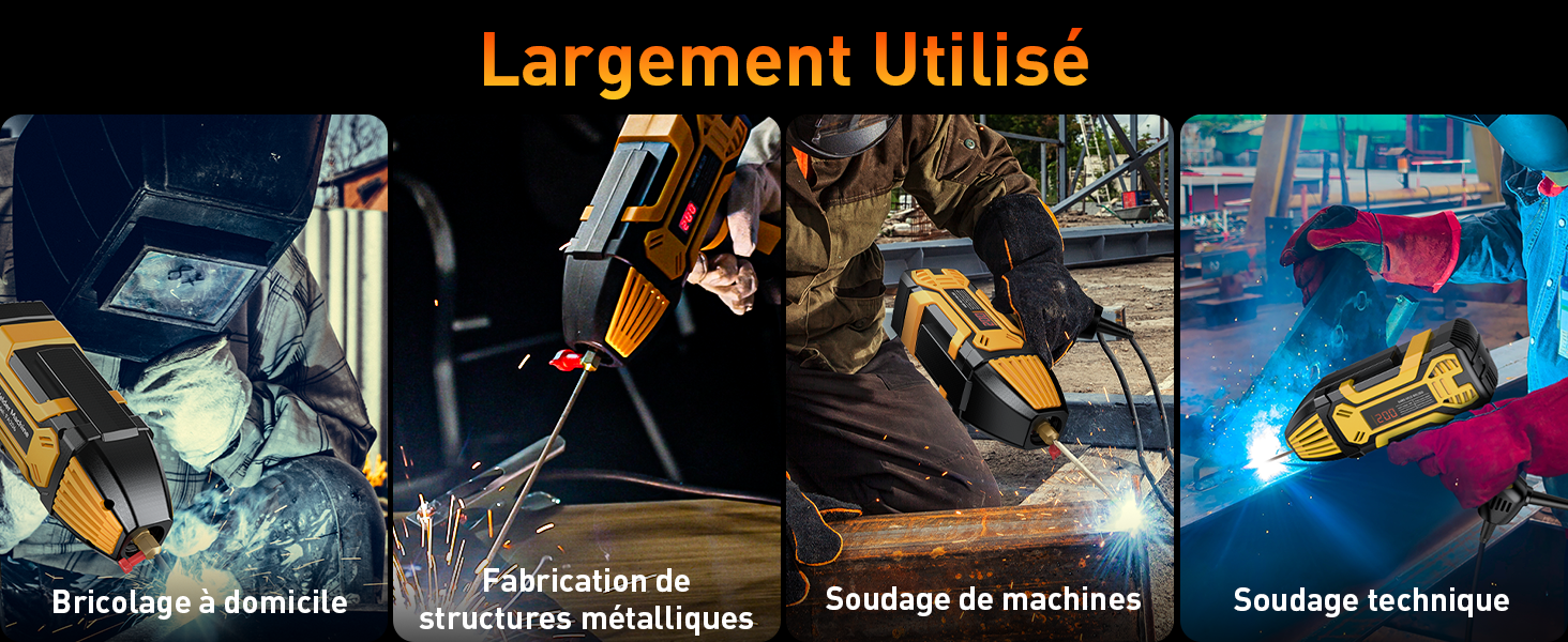 Collage de quatre outils électriques industriels en cours d'utilisation : une perceuse pour la réparation de maisons, un pistolet à clous pour la ferronnerie, un gros outil de coupe pour les machines et une torche de soudage à étincelles bleues