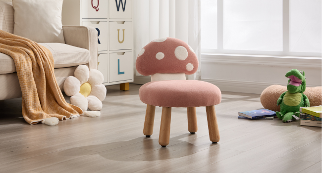 Series of images showing small decorative animal-shaped stools or chairs in a minimalist children's room setting with plush toys and neutral decor.