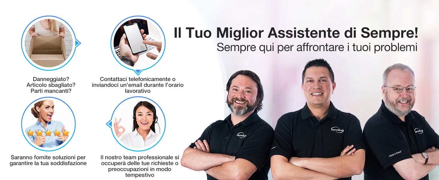 Immagine di marketing per il team del servizio clienti. Quattro icone circolari con descrizioni dei servizi e tre uomini in polo nere che sorridono alla telecamera
