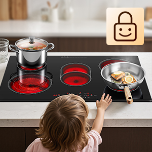 Vue d'une personne en train de cuisiner sur une cuisinière avec un récipient de cuisson rouge et une poêle en métal sur une surface de cuisson noire.