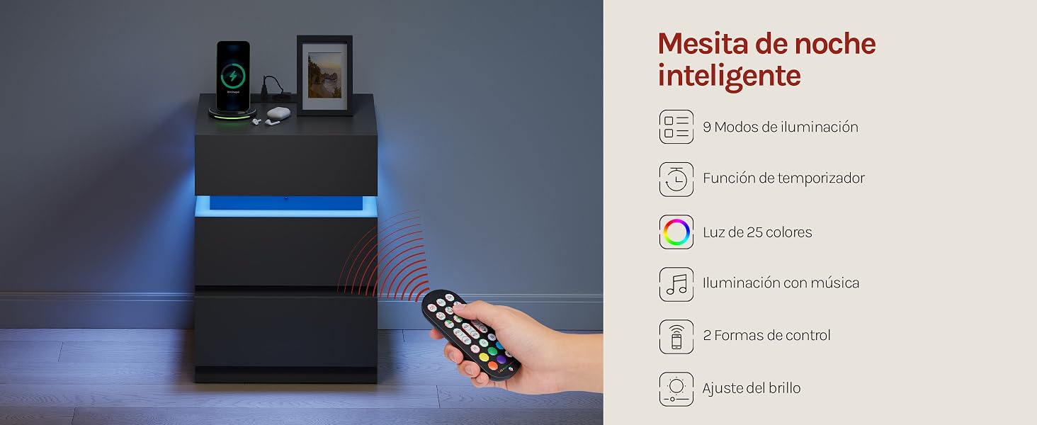 El texto dice «Mesita de noche» y muestra una interfaz digital o un panel de control con iluminación LED azul y múltiples opciones de control.