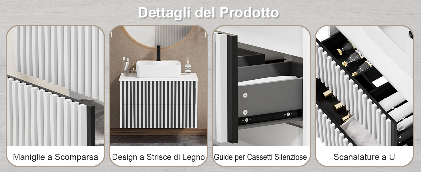 Il testo recita «Dettagli del Progetto». Serie di schizzi architettonici o di interior design in bianco e nero che mostrano vari elementi strutturali e layout.