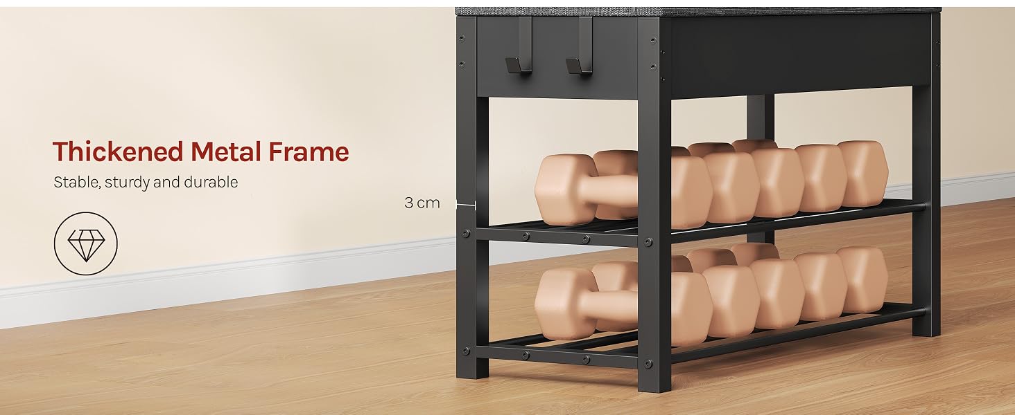Text reads 'Thickened Metal Frame'. Black metal storage shelving unit with four horizontal shelves displaying woven baskets and storage containers in light, minimalist interior setting.