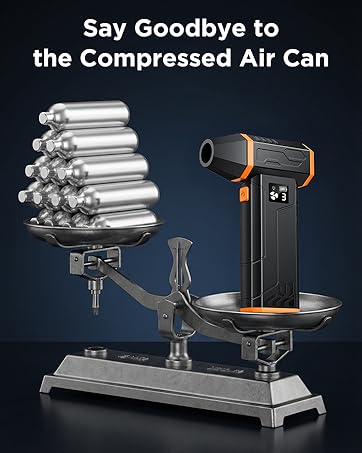 Text reads 'Say Goodbye to the Compressed Air Can'. Product comparison showing traditional compressed air cans versus an alternative solution on a balance scale against dark blue background.