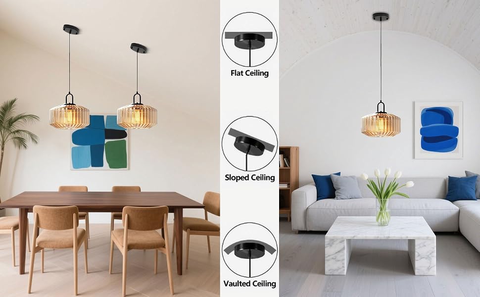 Imagen dividida que muestra escenas interiores del comedor y la sala de estar con lámparas colgantes. El diagrama central muestra tres tipos de opciones de montaje de techo suspendido.