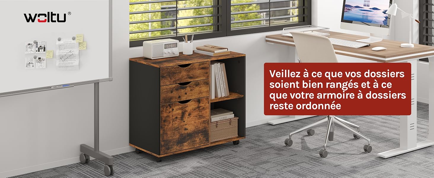 caisson bureau meuble rangement armoire 3 tiroirs 2 compartiments casiers ouverts 5 roulettes mobile