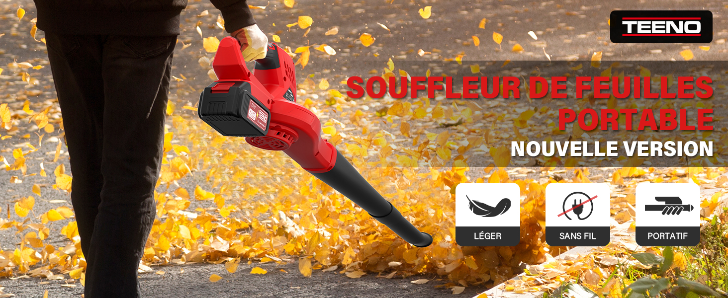 Le texte indique « TEKNO » et « NOUVELLE VERSION » avec trois icônes. Gros plan de feuilles tombées en automne avec un objet rouge partiellement visible.