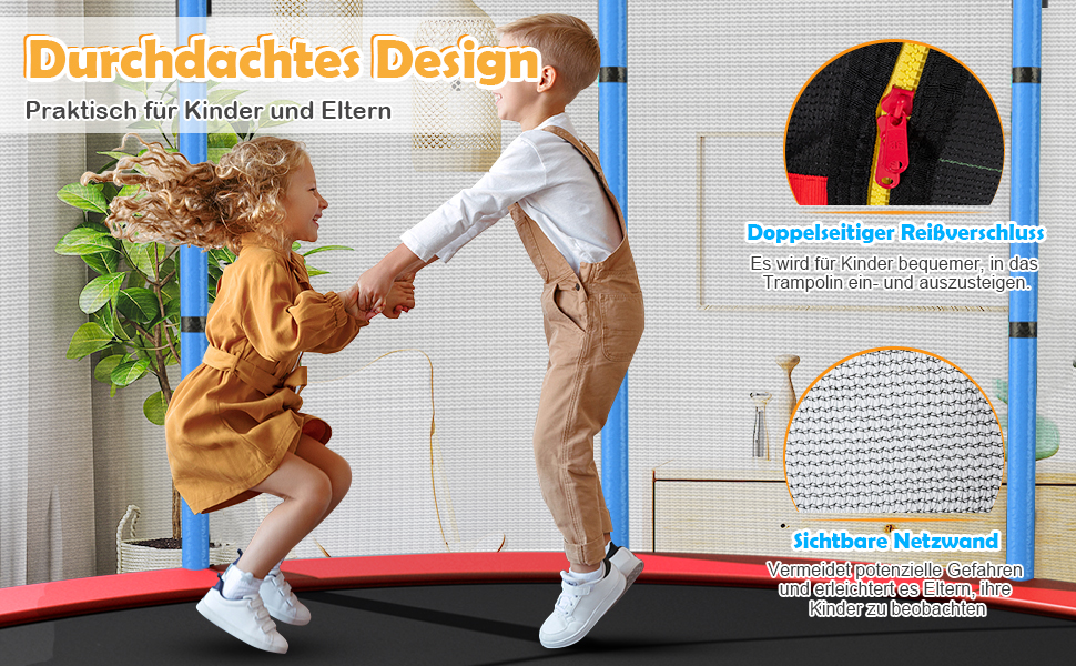 Ø140cm Gartentrampolin mit Sicherheitsnetz, Trampolin bis 45KG belastbar, Indoor-/Outdoortrampolin 