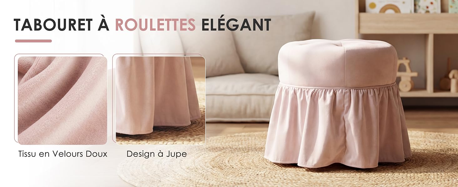 Le texte se lit comme suit : « TABOURET À ROULETTES ÉLÉGANT », « Tour en Velours Doux », « Design à l'aise ». Pouf rembourré rose avec roulettes et élégant design en tissu drapé illustré avec canapé.