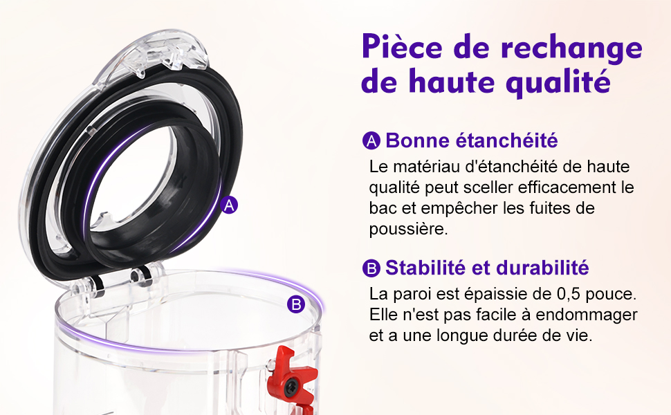 Transparenter Staubbehälter aus Kunststoff als Zubehör für Staubsauger. Mit dicken Wänden für zusätzliche Haltbarkeit und einem hochwertigen Dichtungsmaterial, um Staubaustritt zu verhindern.