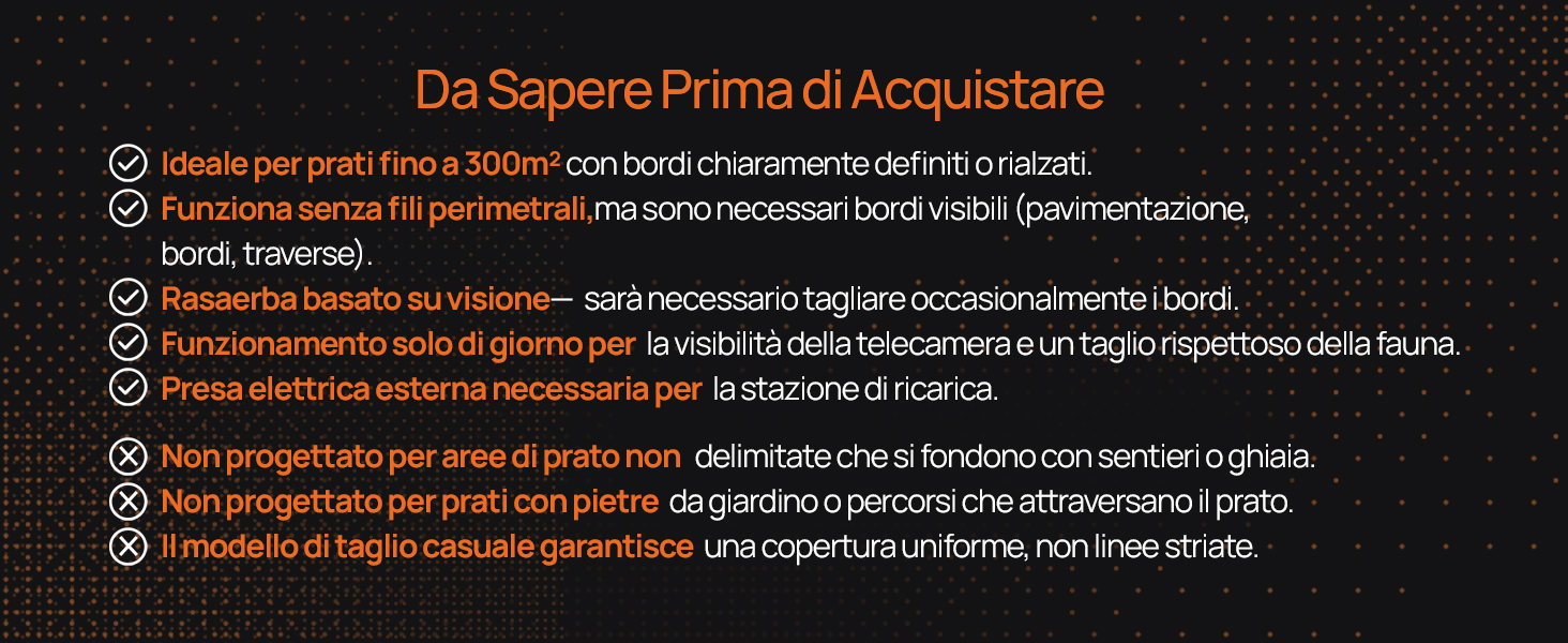 Il testo recita «Da Sapere Prima di Acquistare» seguito da un elenco di punti in italiano. Sfondo nero con testo bianco e arancione che mostra le informazioni sul prodotto.
