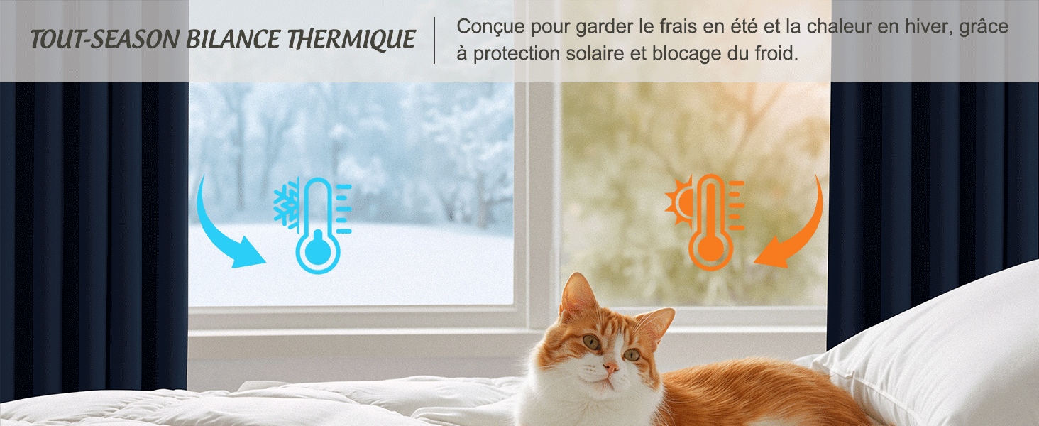 Le texte se lit comme suit : « RIDEAUX BALANCE THERMIQUE » en français.
[SENTENCE 13] Photo intérieure montrant une fenêtre avec des rideaux et un chat se reposant près du rebord de la fenêtre.