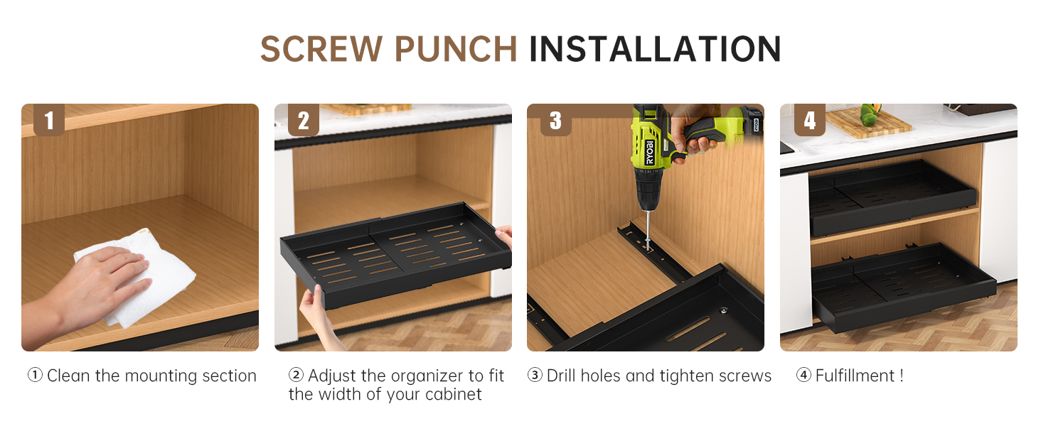 Step-by-step installation guide for screw punch organizer. Four panels show cleaning surface, adjusting organizer, drilling holes, and final insertion into cabinet or drawer.