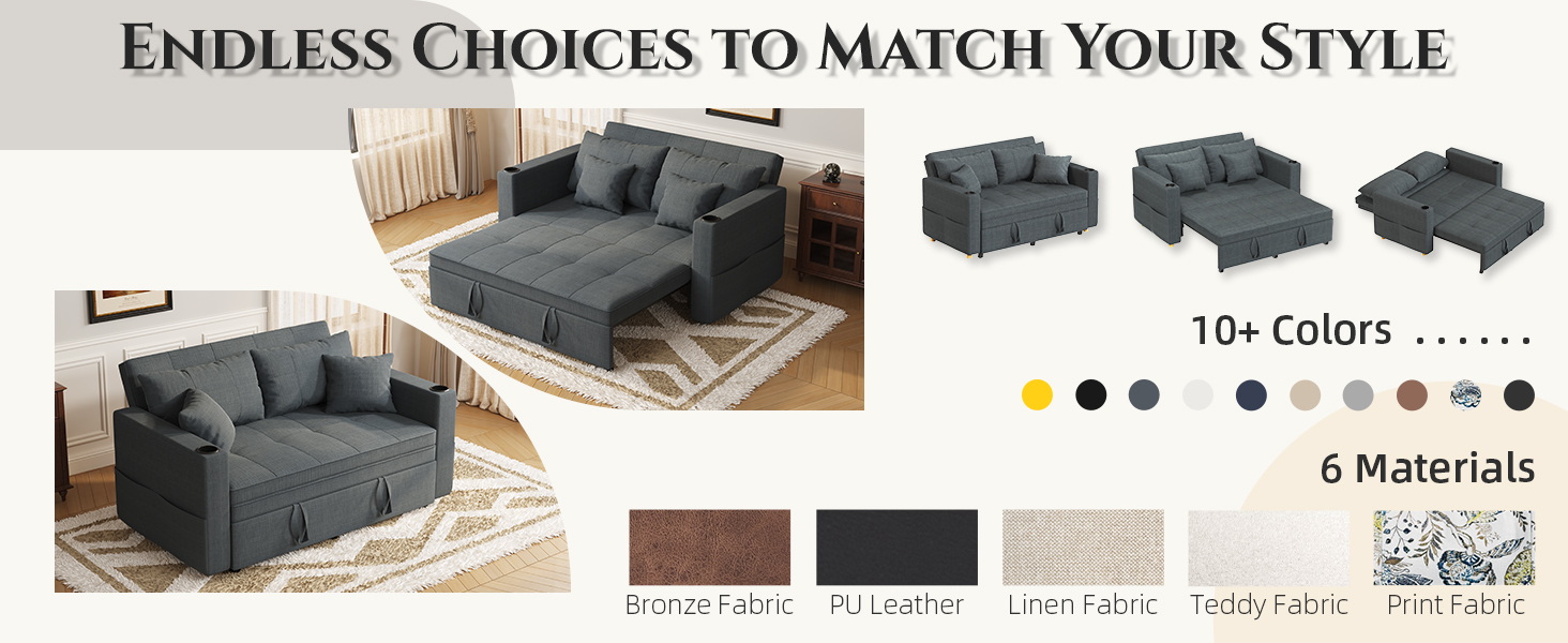 Text reads 'Endless Choices To Match Your Style' with product images showing modular sectional sofa in multiple configurations, color swatches indicating 170+ Colors, fabric material options, and modular components.