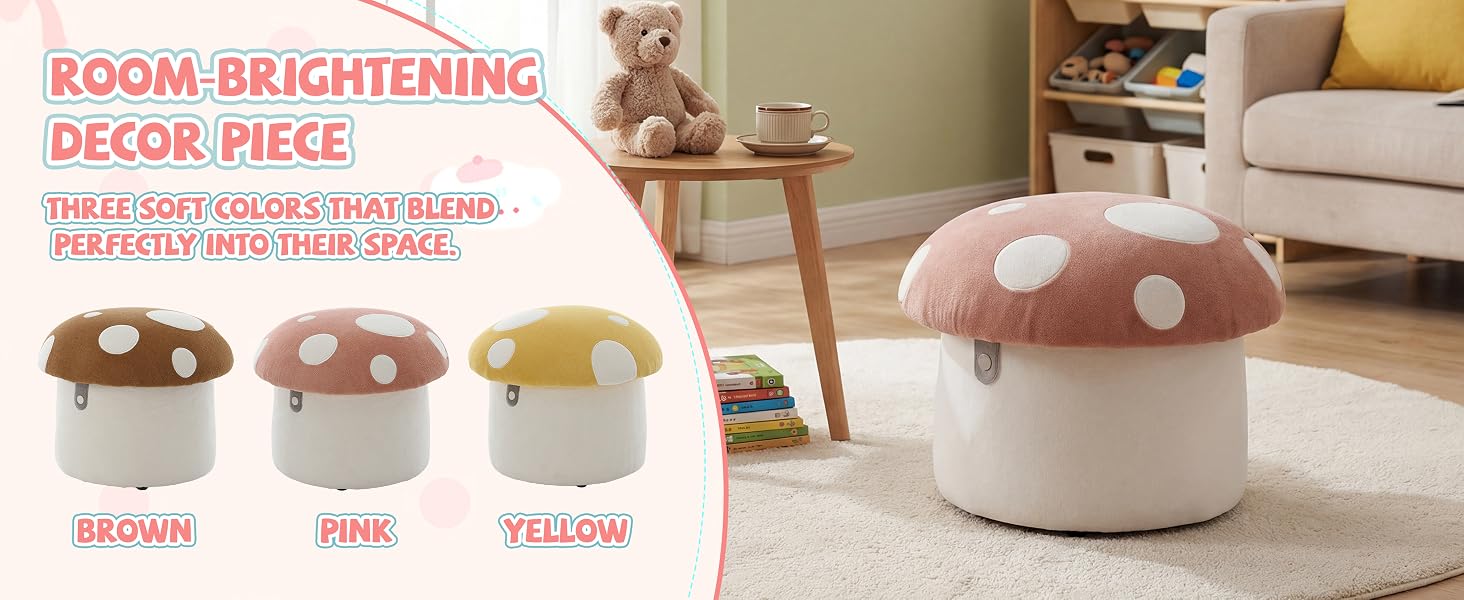 Text reads 'ROOM BRIGHTENING DECOR PIECE' 'SIZE:16*16*1 CLOUD HEAT INSULATION POLYESTER STRIPE SPACE' 'BROWN' 'PINK' 'YELLOW.' Decorative mushroom-shaped soft poufs in brown, pink, and yellow for room décor.
